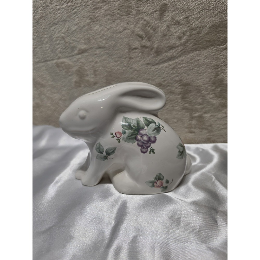 Vintage Pfaltzgraff Bunny Rabbit Coin Bank‎ Floral Grapes Roses Ceramic USA